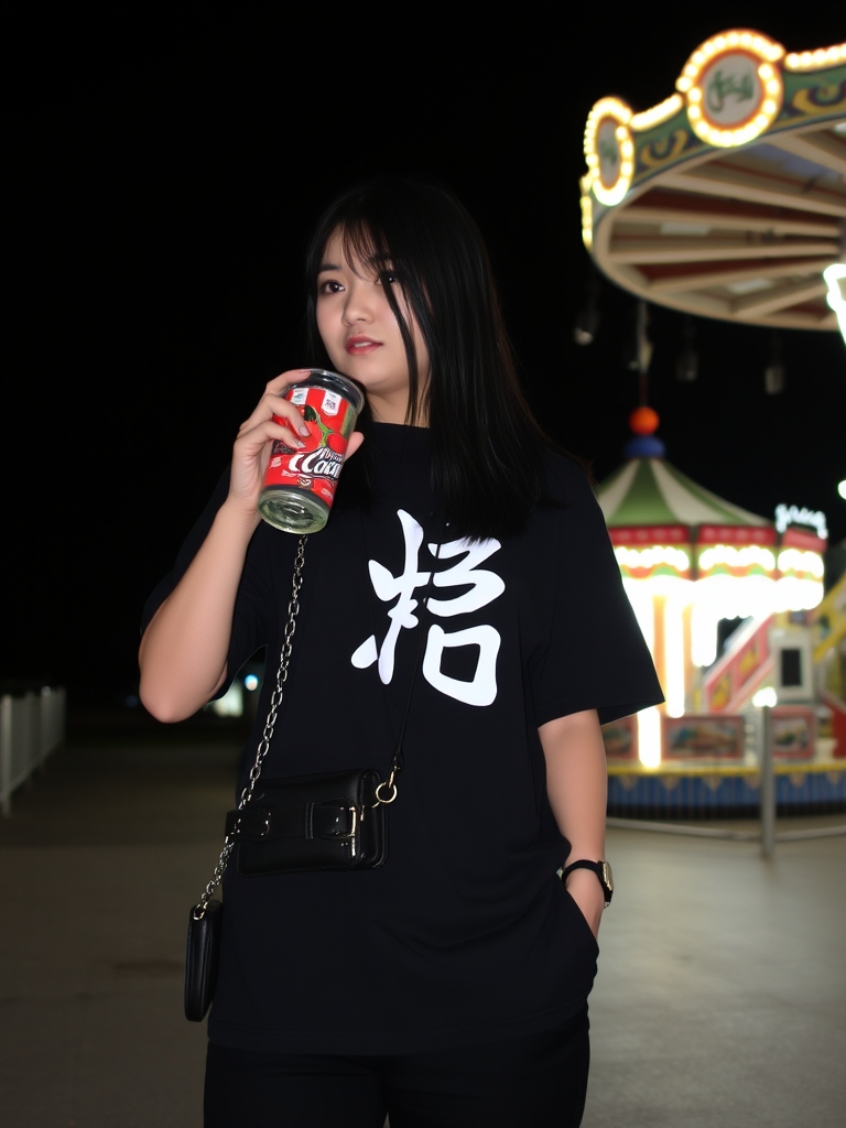 من با مو های بلند صاف مشکی بلند و چشم های مشکی یه تیشرت لش مشکی با طرح♤♧ و شلوار مشکی بگ پر زنجیر، تو بخش خلوت و تاریک یه شهربازی در حال خوردن نو شیدنی5