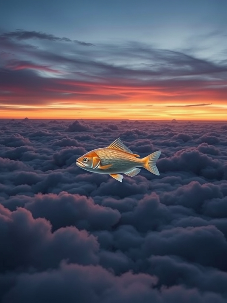 تصویری سورئال از یک ماهی در حال شنا در دریایی از ابرها زیر آسمان گرگ‌ومیش.0