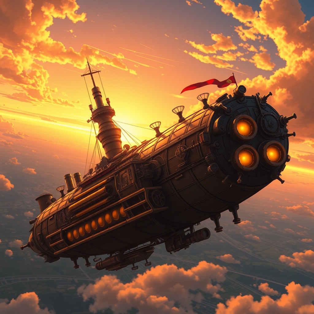 یک کشتی هوایی استیمپانک با چرخدندهها و لولهها، در حال پرواز در غروب طلایی. و فرمانده ای اهنی8