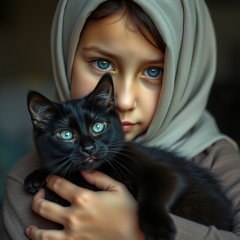 دختری جوان به اسم آیسان با چشمان آبی که گربه سیاه را بغل کرده 0