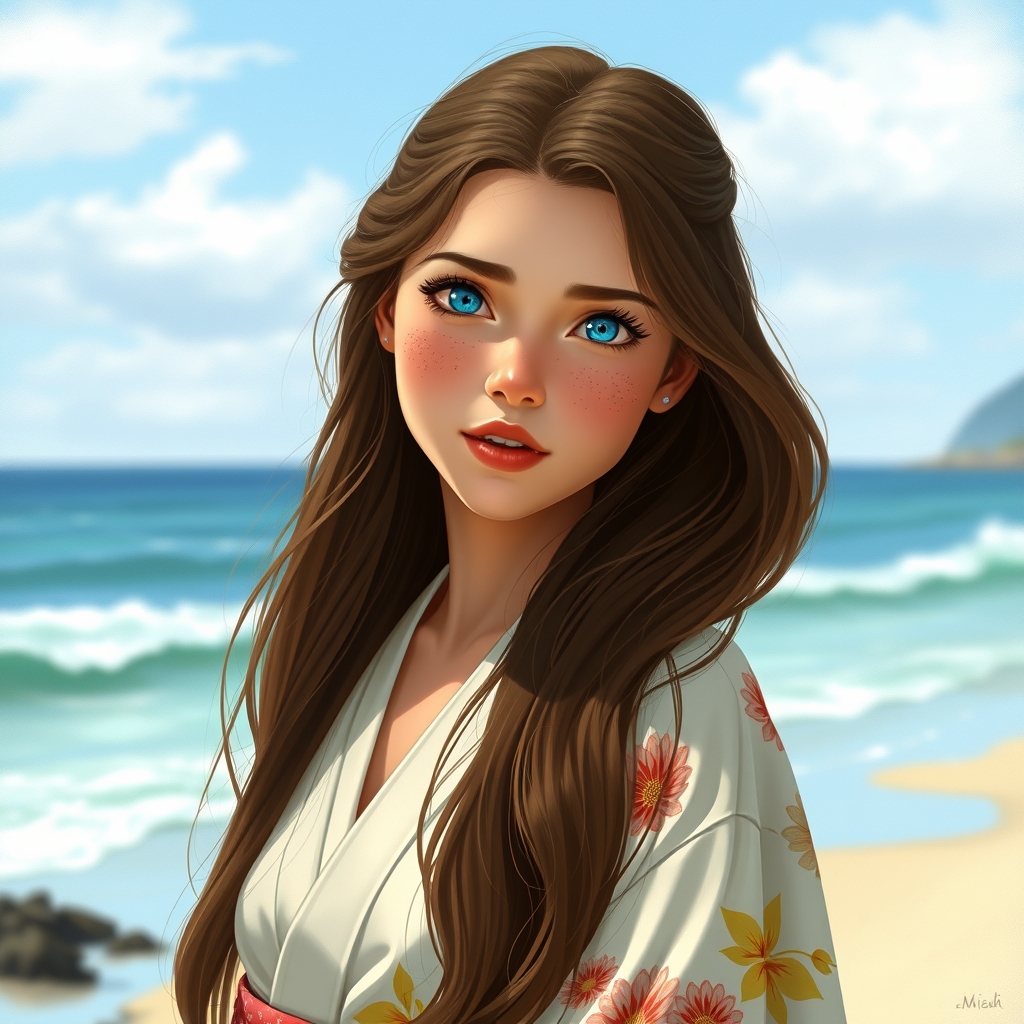 دختری زیبا و با موهای قهوه‌ای  و بلند و چشمانی ابی آسمانی و درشت و گونه های پر از کک و مک و لباس کیمونو که در ساحل دریا قدم می‌زند  به صورت آدم واقعی 4