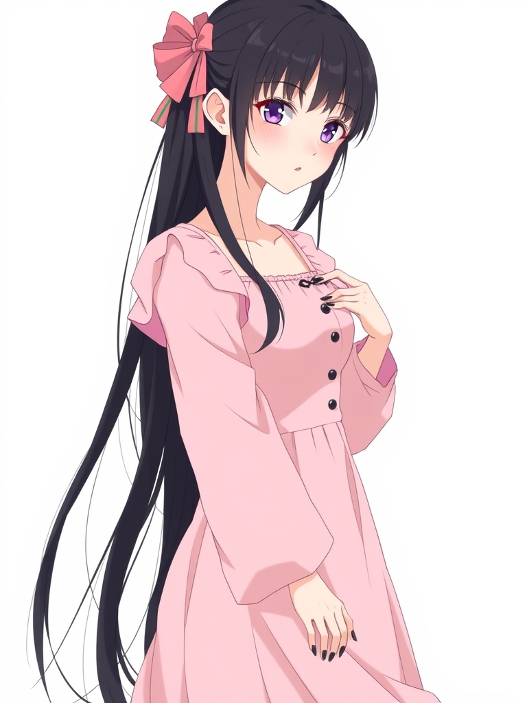 یک دختر ۱۸ ساله با لباس صورتی ملایم بلند و موی بلند لخت سیاه و ناخن سیاه الکلی 11