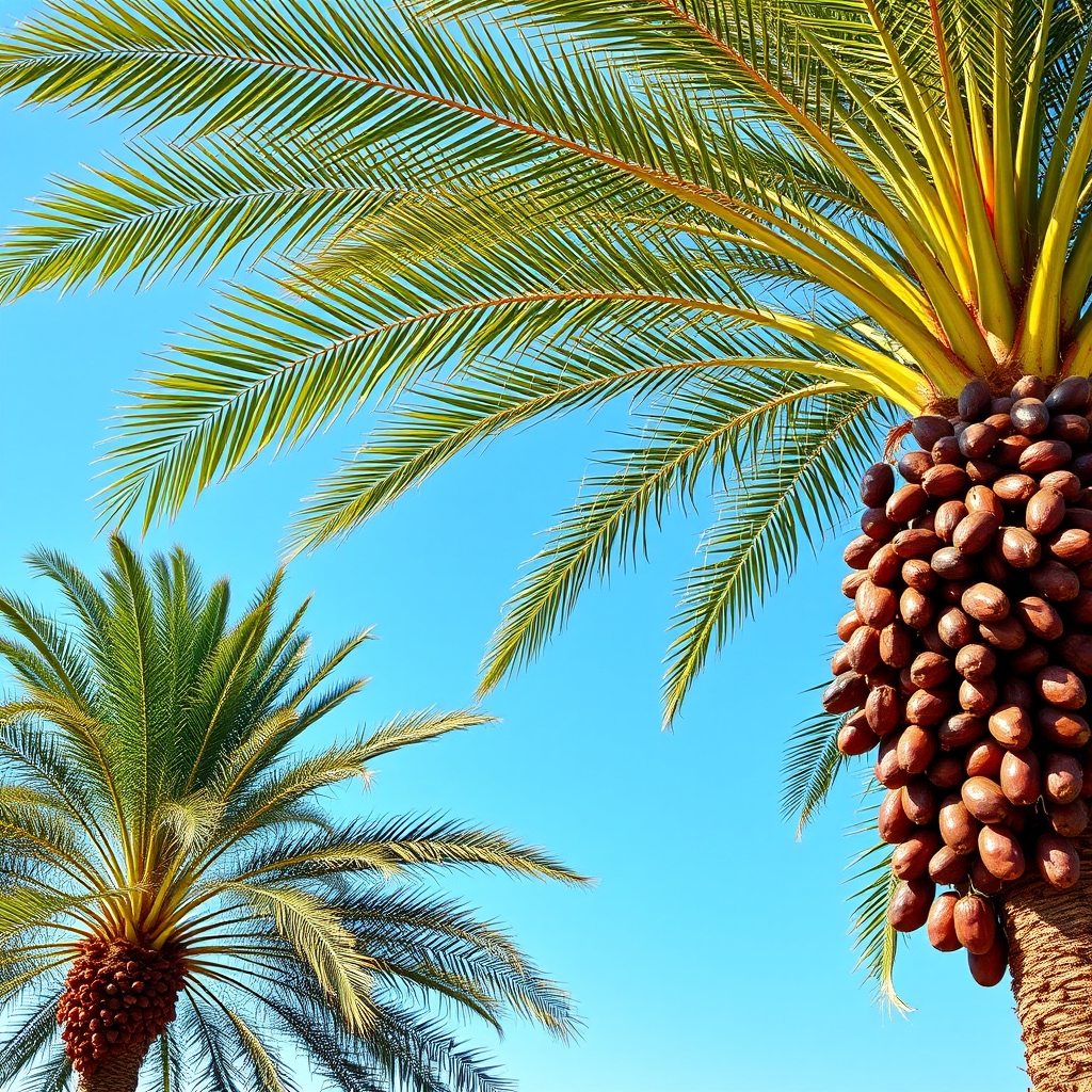فضایی ابی اسمانی روشن و سمت راست یک نخل بزرگ که خرما بار گرفته و سمت چپ یک نخل بزرگ که خرما بار گرفته9