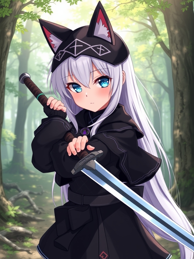 یک دختر با لباس کوتاه گربه ای سیاه
چشم های آبی درخشان
موهای سفید بلند
یک شمشیر در دست در حال تمرین در جنگل21