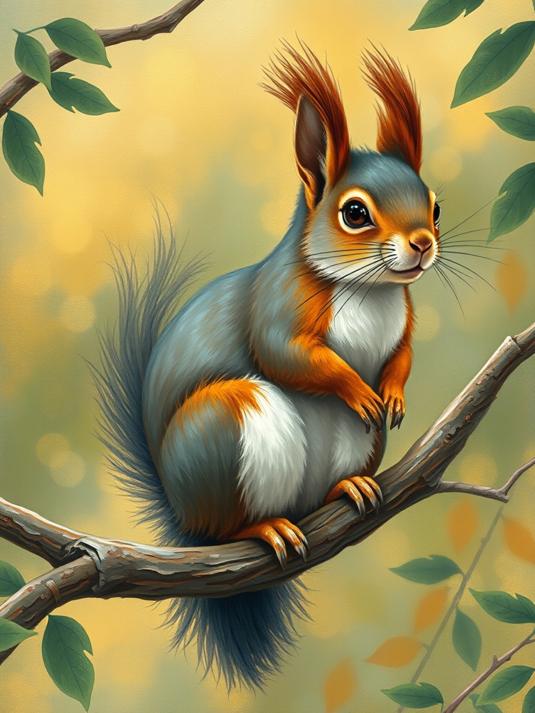 یک سنجاب  زیبا و با رنگ های کمیاب در طبیعت زیبا بر شاخه ای نشته اس به سبک پست امپرسیونیسم 4