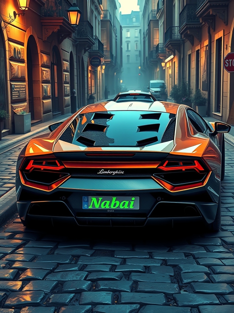 یک خودروی لامبرگینی با درخشش فلزی، پارک‌شده روی خیابانی سنگ‌فرش که روی پلاک او بارنگ سبز نوشته است Nabai5