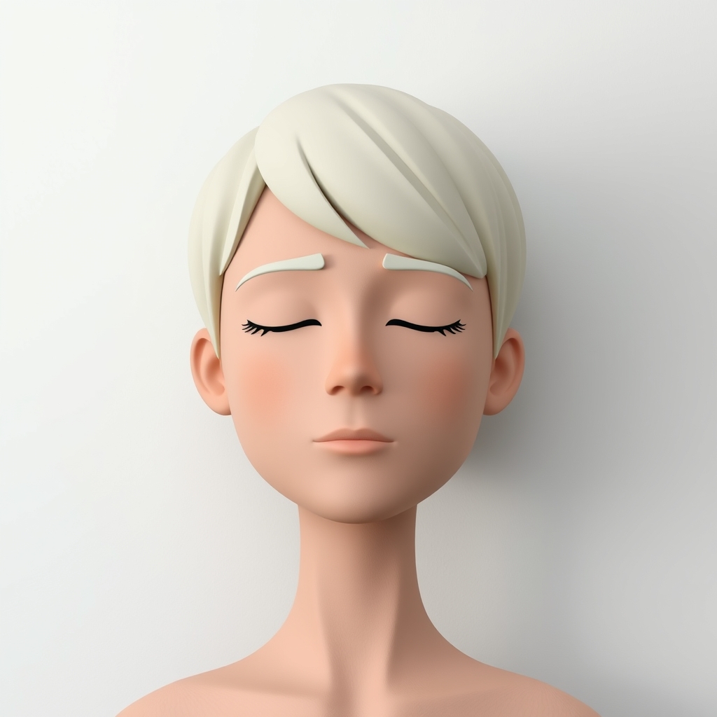 The image is a low-resolution portrait of a person with closed eyes and short, light-colored hair. The background is a plain, light-colored wall.2
