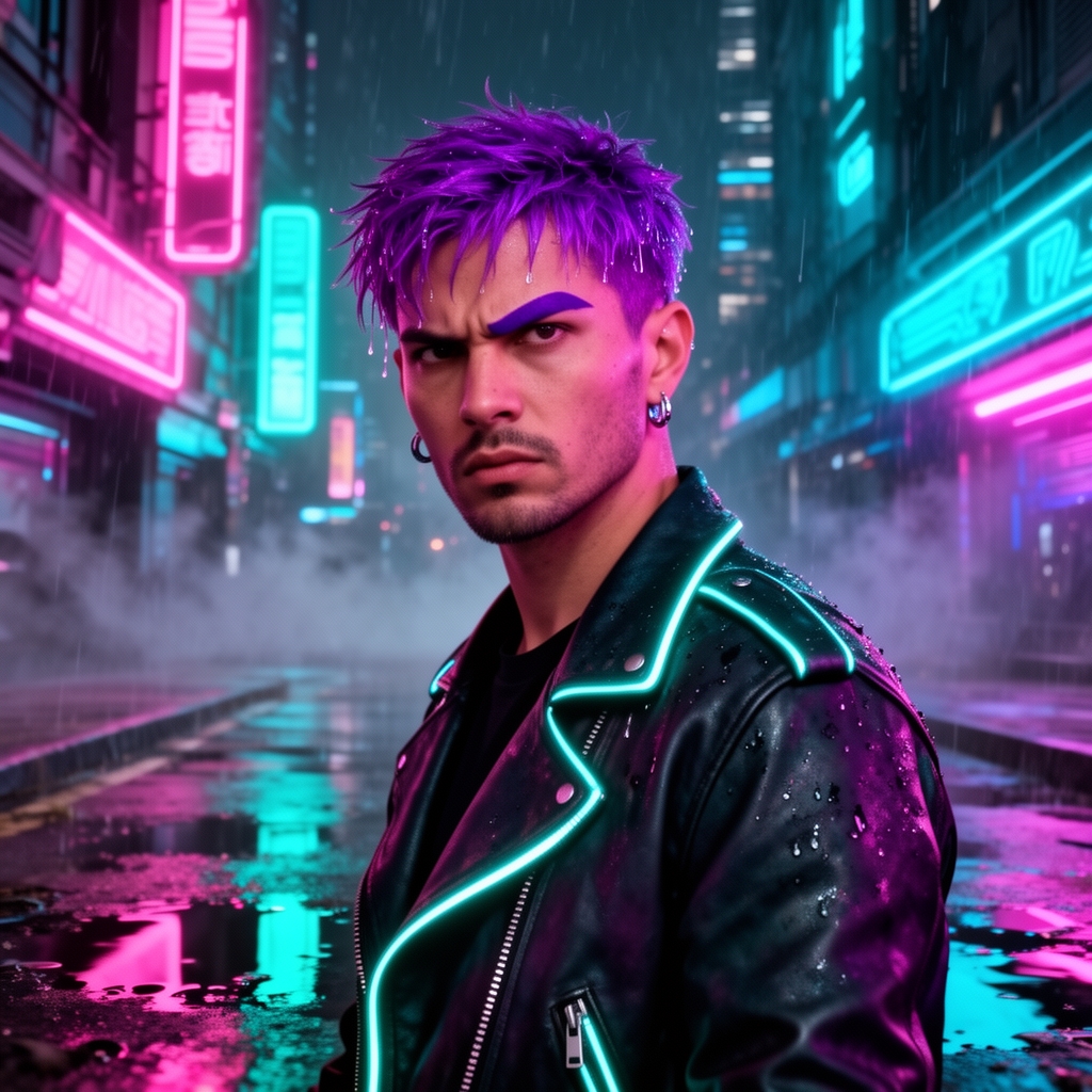 مردی که گوش واره داشته باشد و موهایش بنفش باشد در یک روز بارانی یک خط ابرو داشته باشد0