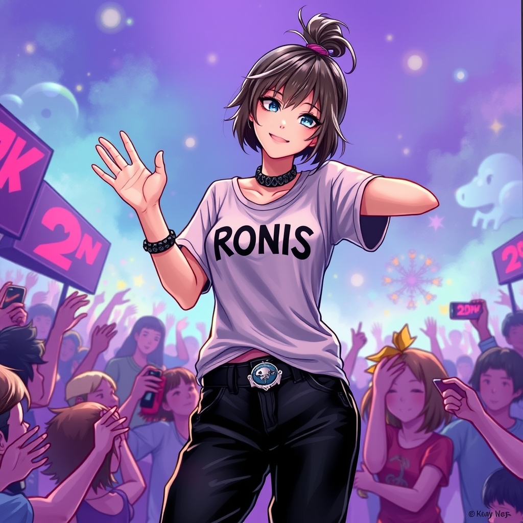 آیدل زیبایی با تیشرت بندی و شلوار باگ مشکی که موهای کوتاه و بهم ریخته ی خود را بالا بسته و برای طرفدارانش دست تکان میدهد 19