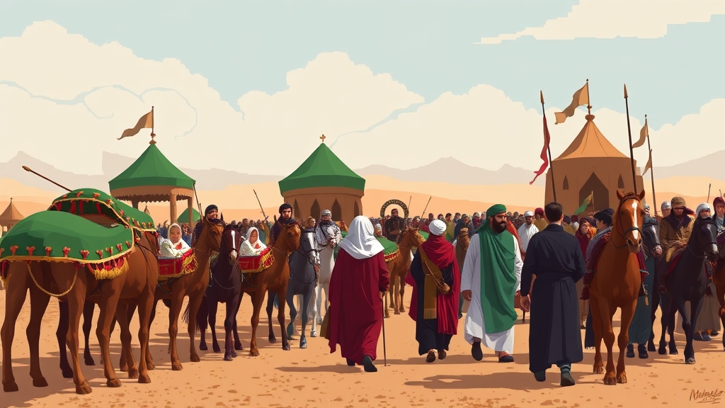 امام حسین (ع)  رو به کاروان با شتران و کجاوه های سبز روی آنها که کودکان و زنان در آنها نشسته اند و مردان و جنگجویان که سوار بر اسب هستند و افراد پیاده و خانواده صحبت میکنند4