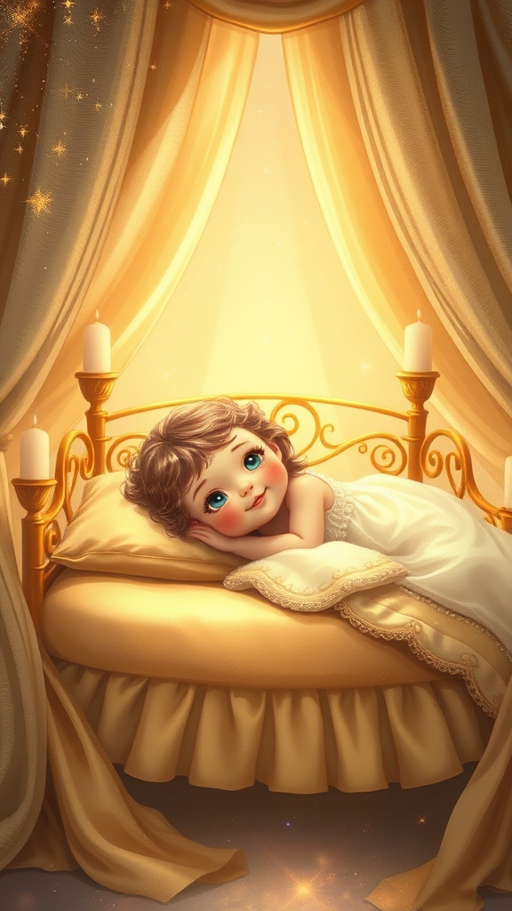 دختر کوچلو و نازی که رو تخت خوشگل و طلایش خوابیده 9