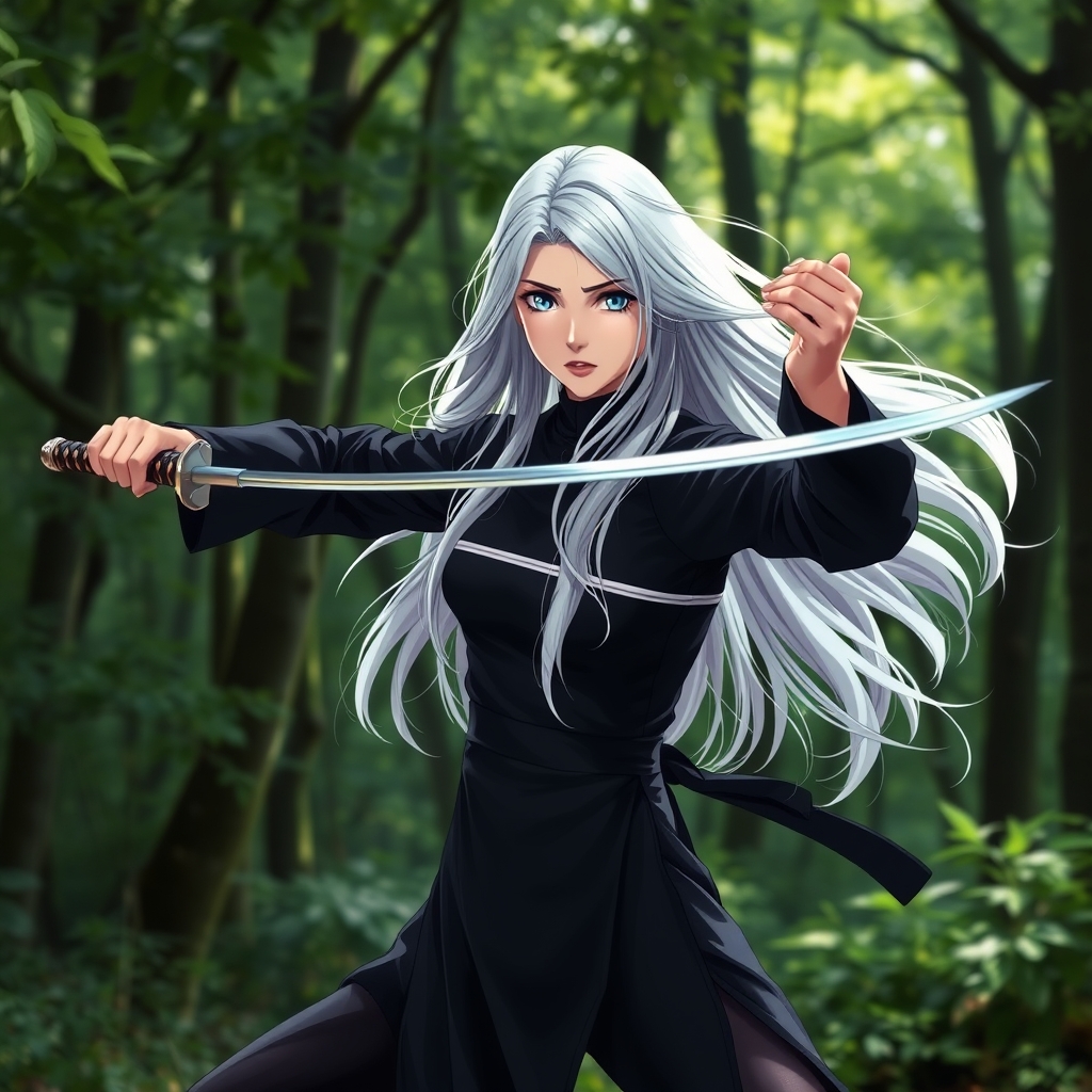 یک دختر با لباس کوتاه گربه ای سیاه
چشم های آبی درخشان
موهای سفید بلند
یک شمشیر در دست در حال تمرین در جنگل11