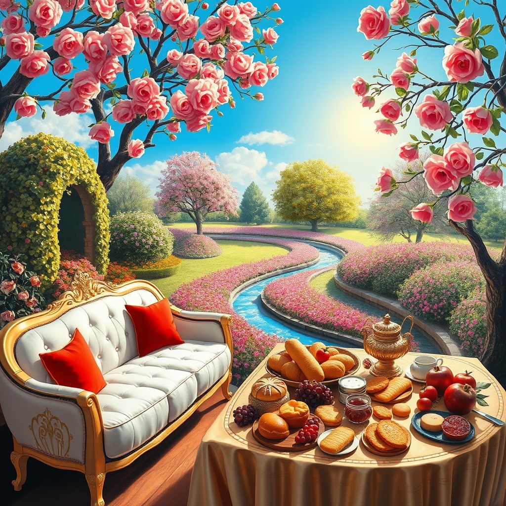صبحی دل انگیز بهاری روشن 
باغی افسانه ای با تونل افراشته از بوته های گل 
و درختان پرشکوفه سیب و انار و پوشش انبوه گلهای رز اطلسی لی لی یم شب بو 
آبشاری و رودی جاری ست 
پایین رودخانه 
کاناپه دراز ال مانند سفید طلایی با کوسن های قرمز 
و میز طلا پر نان کره خامه عسل مربا حلوا باقلوا شیر خوشه انگور سیب انار5