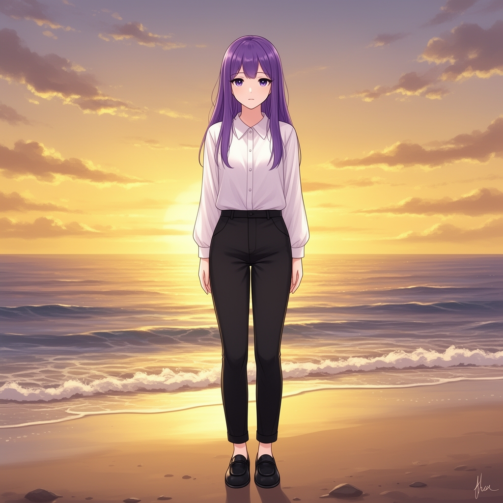 دختری با پوست سفید رنگ و موهای بلند و بلند و مو هایش رنگ بنفش و لباس سفید و شلوار سیاه و کفش های سیاه در کنار دریا و در حال غروب خورشید 5