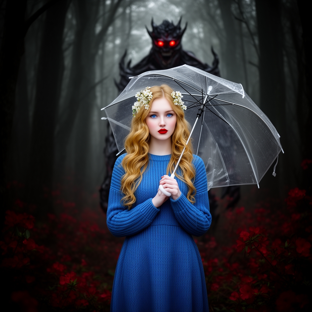 زیباترین زن جوان در جهان حتی در رویایی که شکوه خدا را داشته باشد که نظیر آن در دنیا نباشد و همه به او از شدت زیبایی به او سجده کند که با موهای طلایی حالتدار بلند و با چشمان آبی کریستالی و با لبانی سرخ به رنگ یاقوت و با پوستی سفید به رنگ برف که با لباس بافتنی آبی رنگ زیبایی باشد که لای موهایش شکوفه زیبایی باشد چتر شیشهای زیبایی در دستانش باشد و پشت سرش جنگلی تاریک و اسرارآمیز باشد با شکوفایی سرخ و پشت سرش هیولای ترسناکی باشد با چشمانی سرخ و سیاه و با قامتی بلند1