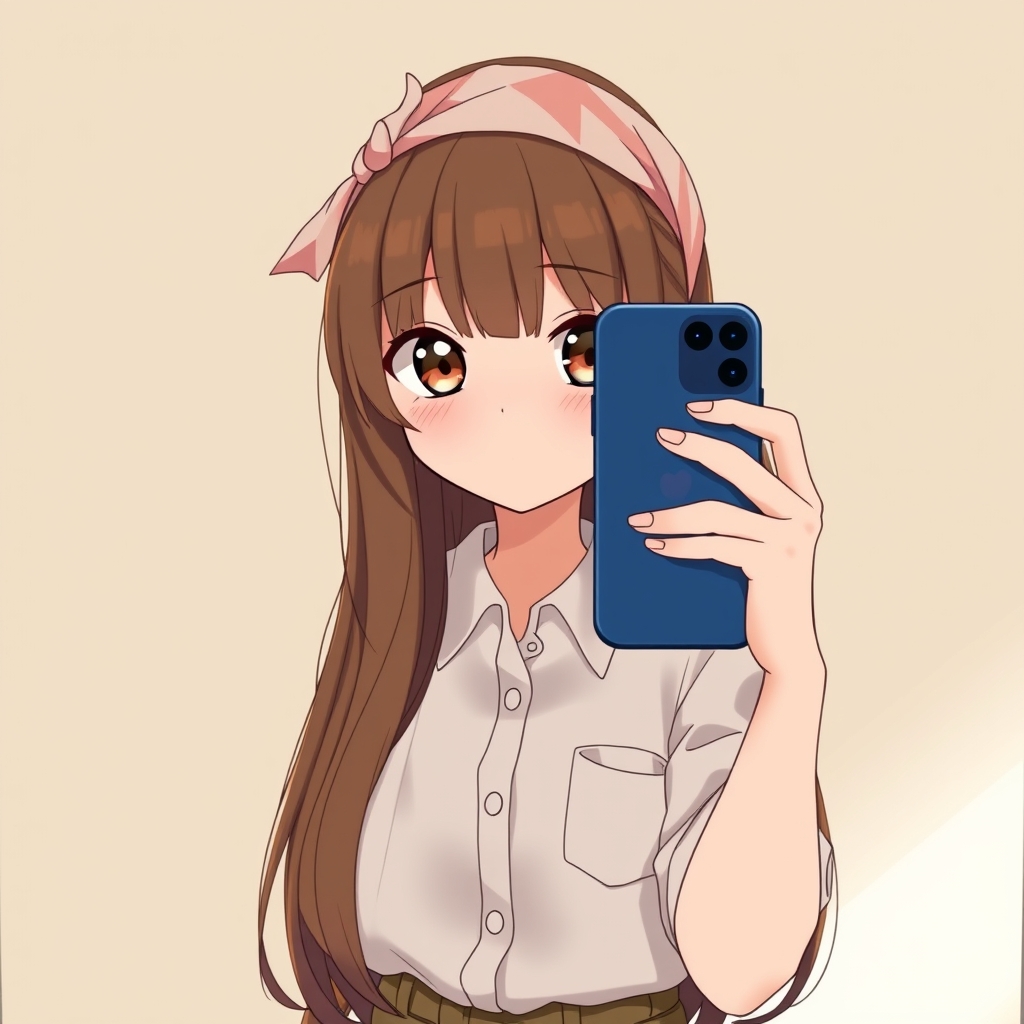 یه دختر چشم قهوه ای و مو قهوه ای و بلند با یک بلوز دکمه‌دار و شلوار جلوی آینه گوشی آیفون۱۴ دستش گرفته و داره عکس می‌گیره یک روسرری کیوت هم روی سرشه7