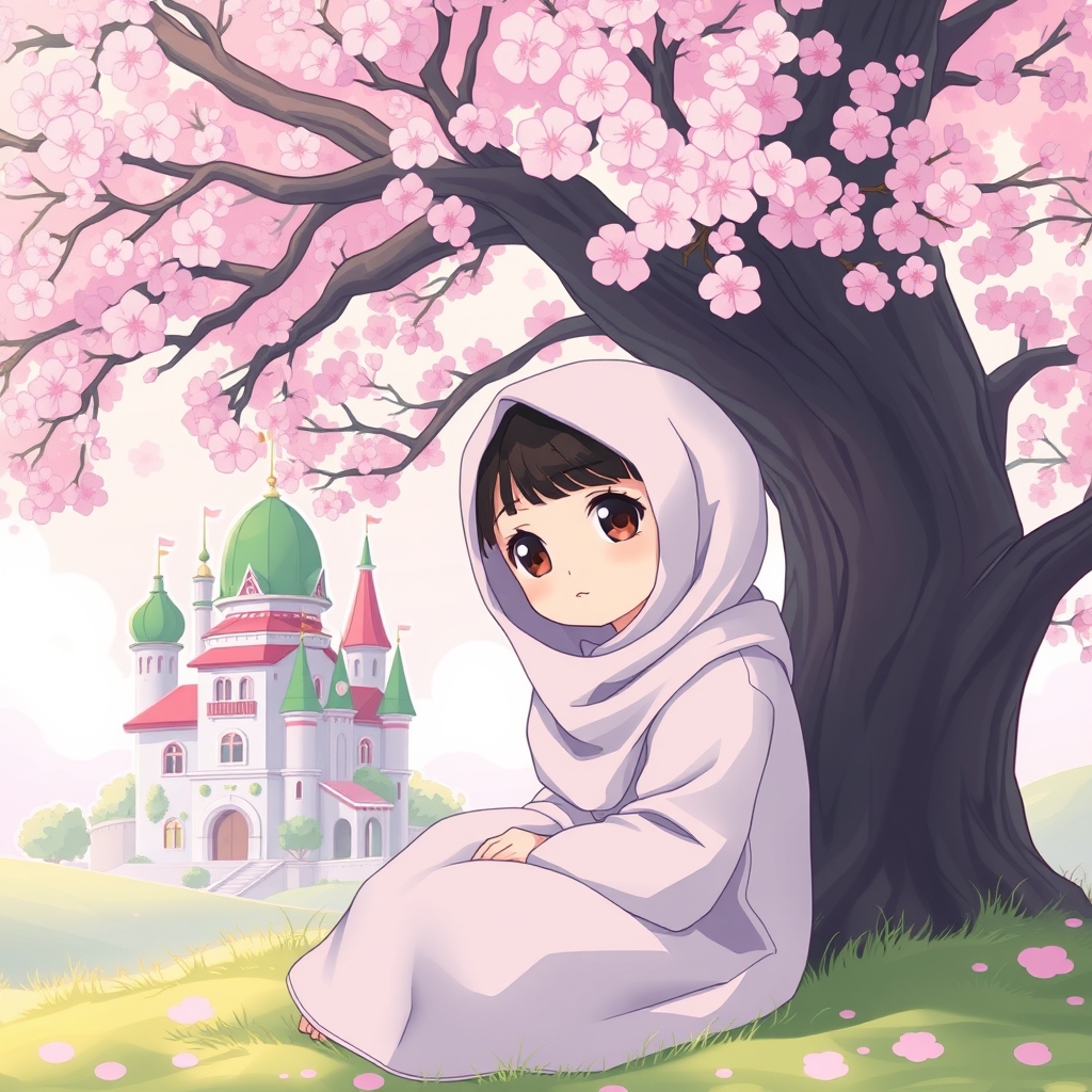 یک انیمه دختر زیر درختی با گل های صورتی و آسمان رویایی که پشتش قصر سبز و قرمز و ابی صورتی رنگ باشه6