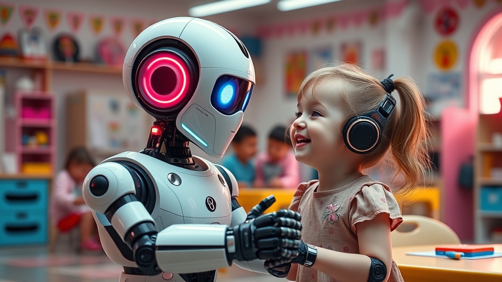 عکس یه روبات هوشمند دارای احساسات انسانی و قدرت تصمیم‌گیری در حال بازی با یک دختر بچه شاد و خندان را یک مهدکودک پر از بچه
8