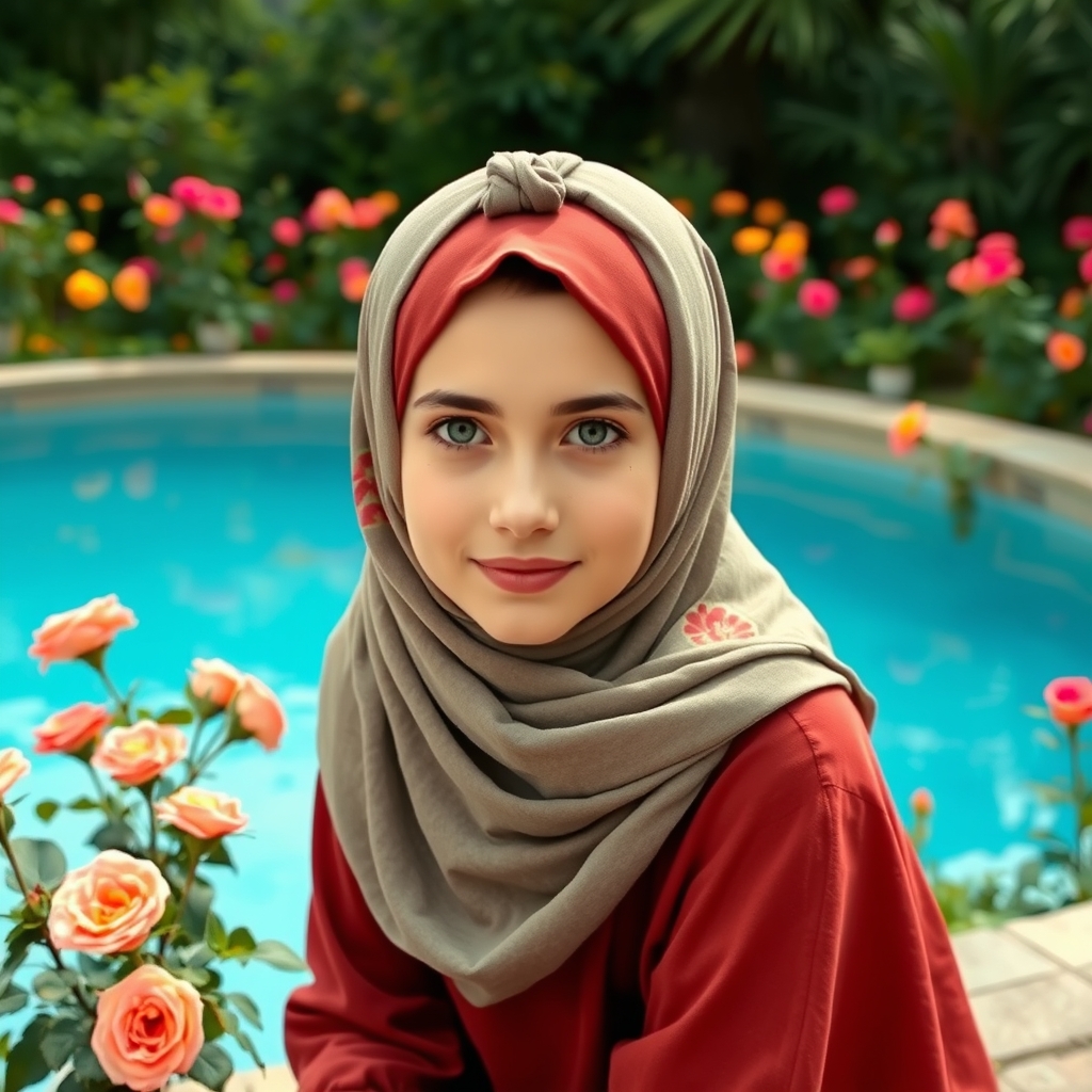 یک دختر ناز سبزه با چشمانی بادامی و لبی هلویی با روسری از ژان ژان بسته است و روی آن چادر عربی پوشیده است و در کنار یک استخر زیبا نشسته است و آن استخر در میان باغی زیباست و پر از گل های رز رنگی
5