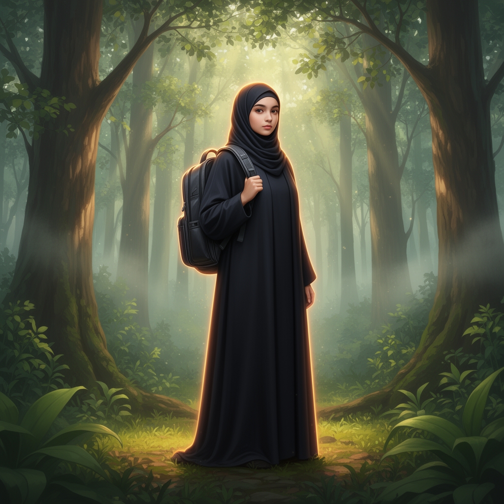 دختری ایستاده با چادر با حجاب  و کفتان با کوله پشتی در جنگل

0