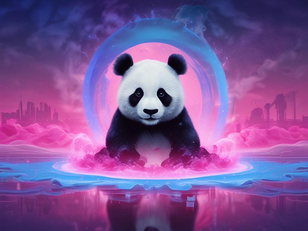 صحنه ای گیرا با بارانی از آتش آبی برقی و گردابی از آب صورتی ملایم، با شبح یک پاندا در وسط که ظاهری واقعی و پویا را به نمایش می گذارد.16