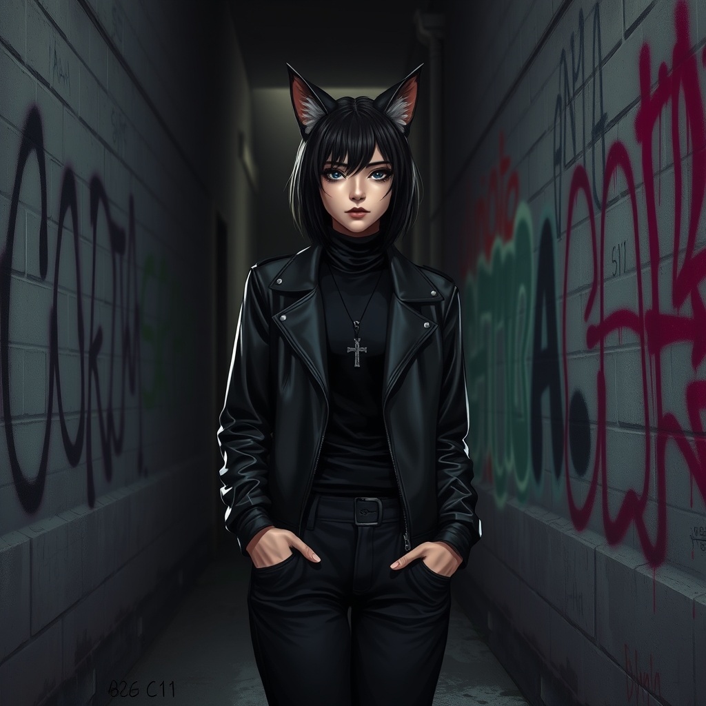 عکس یک دختر با گوش های گربه ای که یک لباس مشکی چرمی برتن دارد با یک شلوار جذب مشکی با گردنبند صلیب مشکی در یک کوچه تاریک و خلوت که دیوار هایش با اسپره رنک  نقاشی شده است🖤16