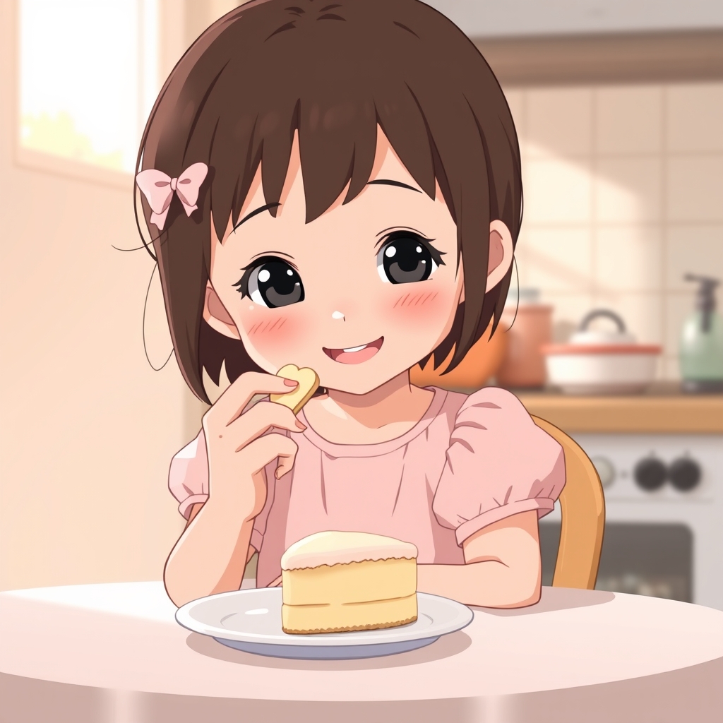 دختر کوچولویی 4 ساله که دارد یه کیک خامه ای کوچولو میخورد 4