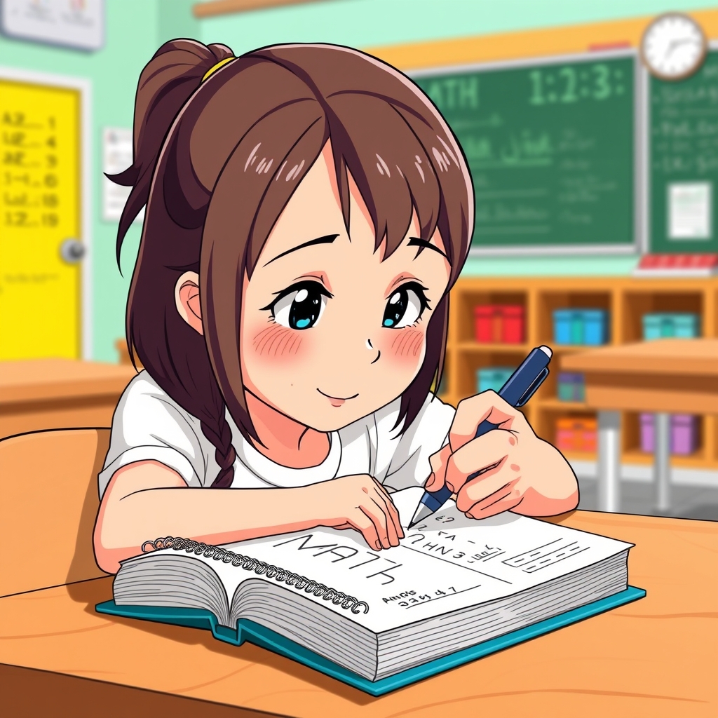 کتاب ریاضی کلاس پنجم که یک دختر خر خون دارد باخودکار باکیفیت می‌نویسد 0