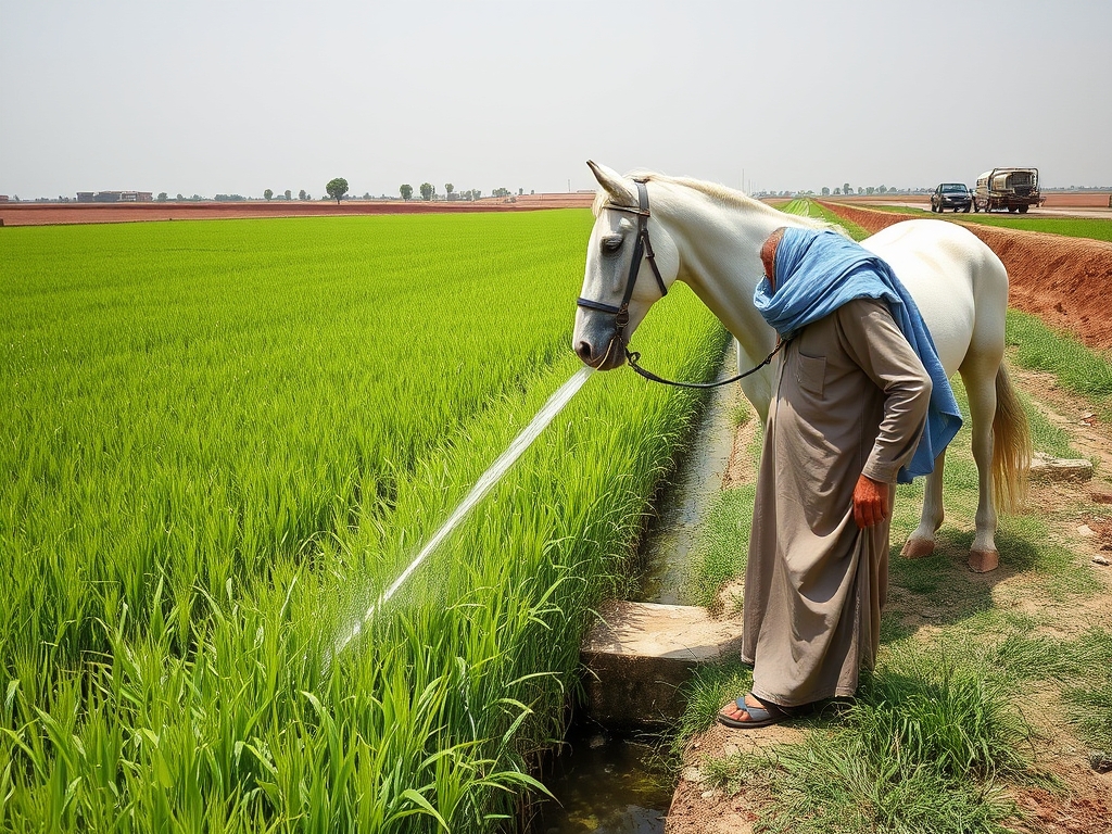 پیر مرد اهوازی با لباس دشداشه و چفیه ابی عربی درحال اب دادن به گندم سر سبز و کنار پیر مرد یک اسب سفید اصیل ایستاده و کی کانال بزرگ که اب را از سد به زمین کشاورزی میاوردو به گندم هدایت
میکند 23