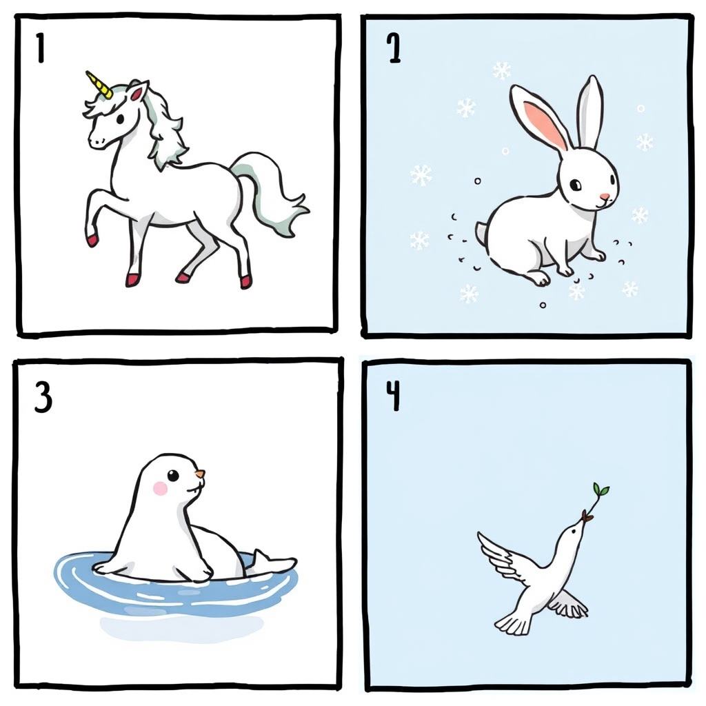 به چهار مربع تقسیمش کن
مربع اول تک شاخی باشه و ترکیب سفید با رنگارنگ باشه و بیشترش سفید باشه 🦄🌈
مربع دوم از یه خرگوش سفید که توی برفه 🐇❄️
مربع سوم از یه فک کوچولو و سفید که داره توی دریا شنا میکنه🌊🦭
مربع آخرم از یک کبوتر سفید که یه شاخه توی نوکش داره و در حال پرواز کردن توی یه آسمون صاف و آبیه🕊
و هر کدوم توی مربع خودشونن و هیچ حیوون اضافهای اونجا نیست1