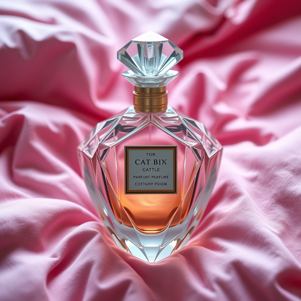 یک ادکلن گران که به شکل الماس است و به رنگه پنبه ای رو ی تخت خواب صورتی قرار گرفته
2