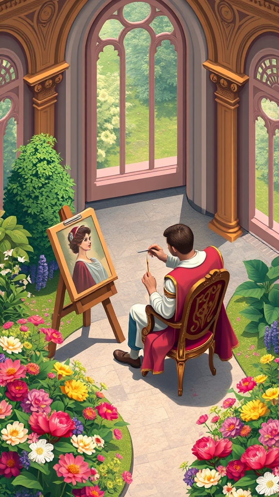 یک شازاده که  توباغ گل قصر نشسته رو صندلی جلویی بوم نقاشی و داره عکس عشقشو میکشه 
11