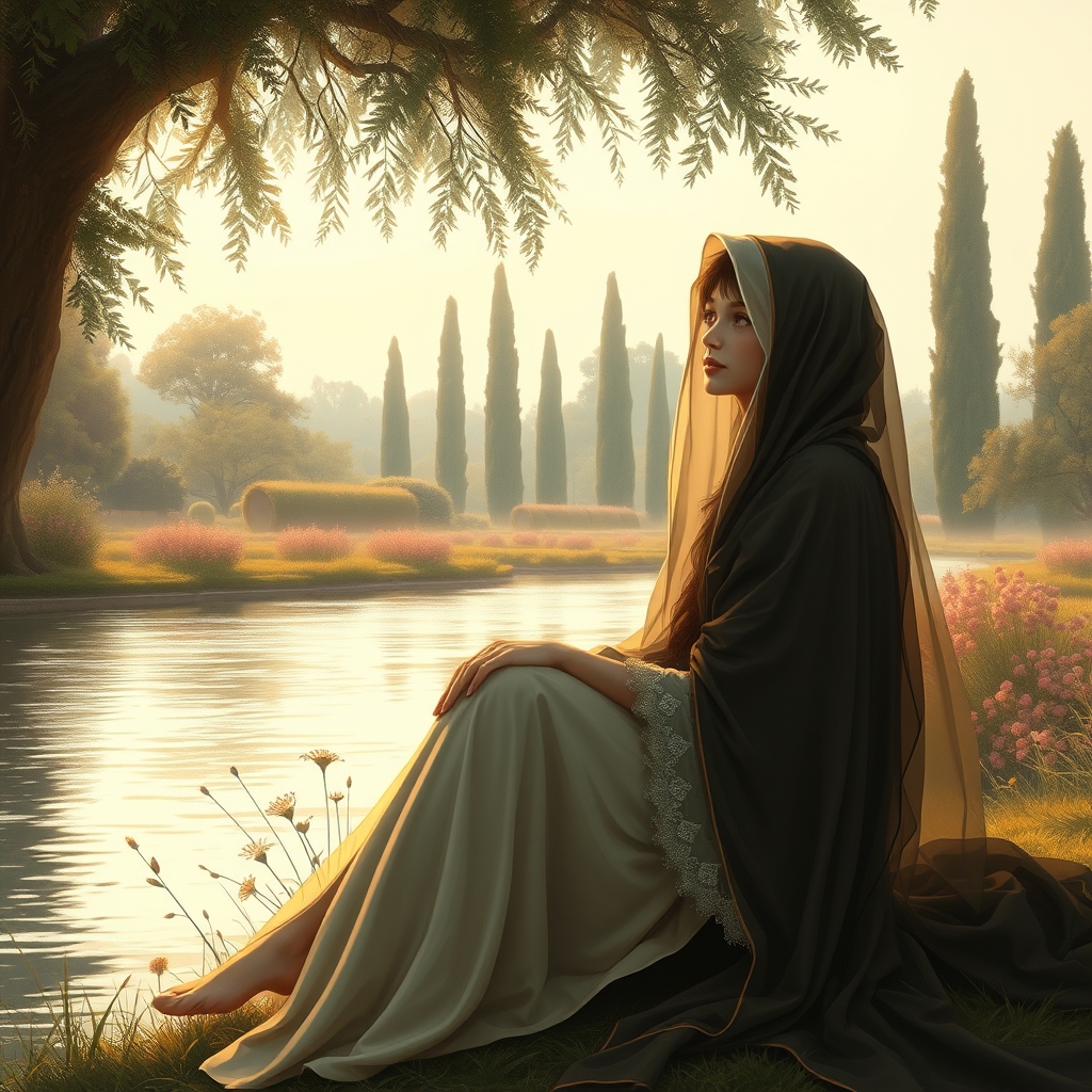 دختری محجبه ایزیبا با لباس های فاخر نسشته بر لب رودخانه در باغ که درخت هایی بلند دارد و به عشقش فکر میکنم و آرام لبخند میزند 1