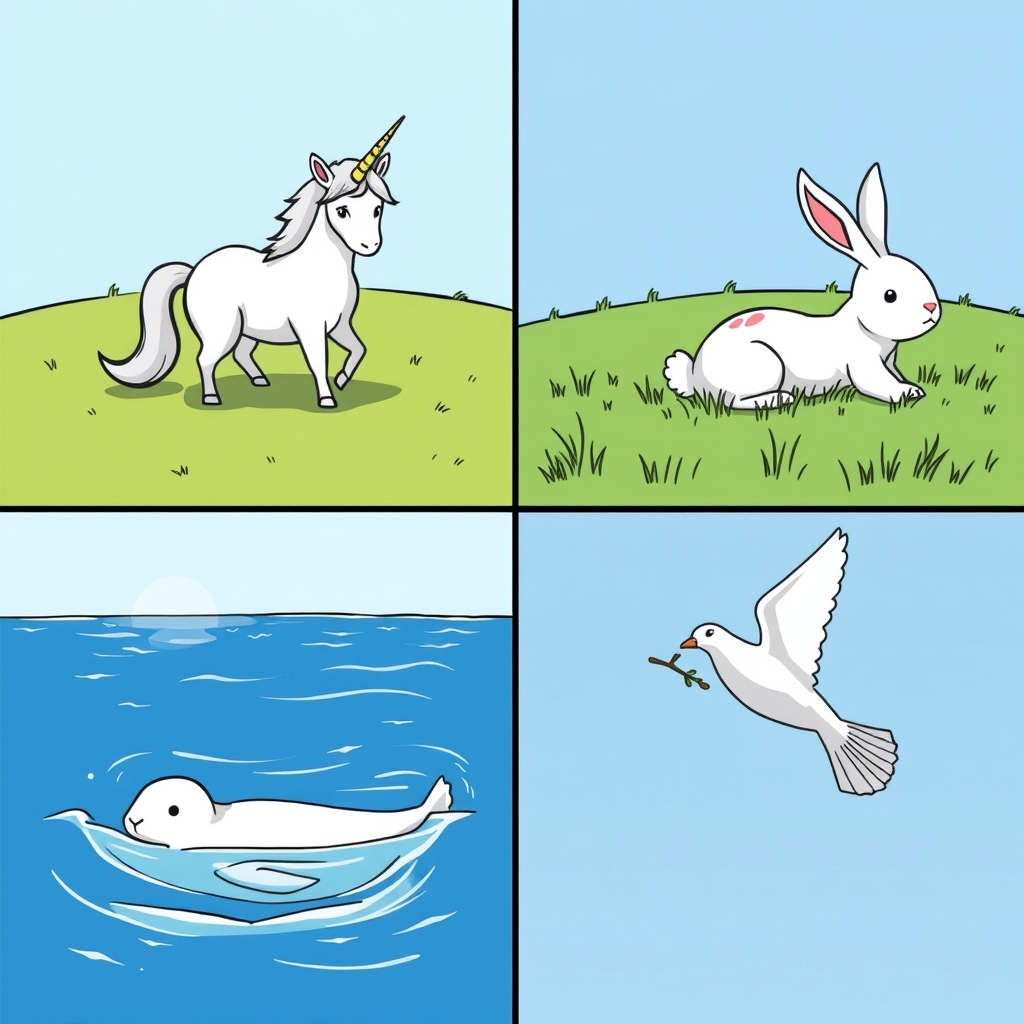 به چهار مربع تقسیمش کن
مربع اول تک شاخی باشه و ترکیب سفید با رنگارنگ باشه و بیشترش سفید باشه 🦄🌈
مربع دوم از یه خرگوش سفید که توی برفه
مربع سوم از یه فک کوچولو و سفید که داره توی دریا شنا میکنه🌊🦭
مربع آخرم از یک کبوتر سفید که یه شاخه توی نوکش داره و در حال پرواز کردن توی یه آسمون صاف و آبیه🕊
و هر کدوم توی مربع خودشونن و هیچ حیوون اضافهای اونجا نیست4