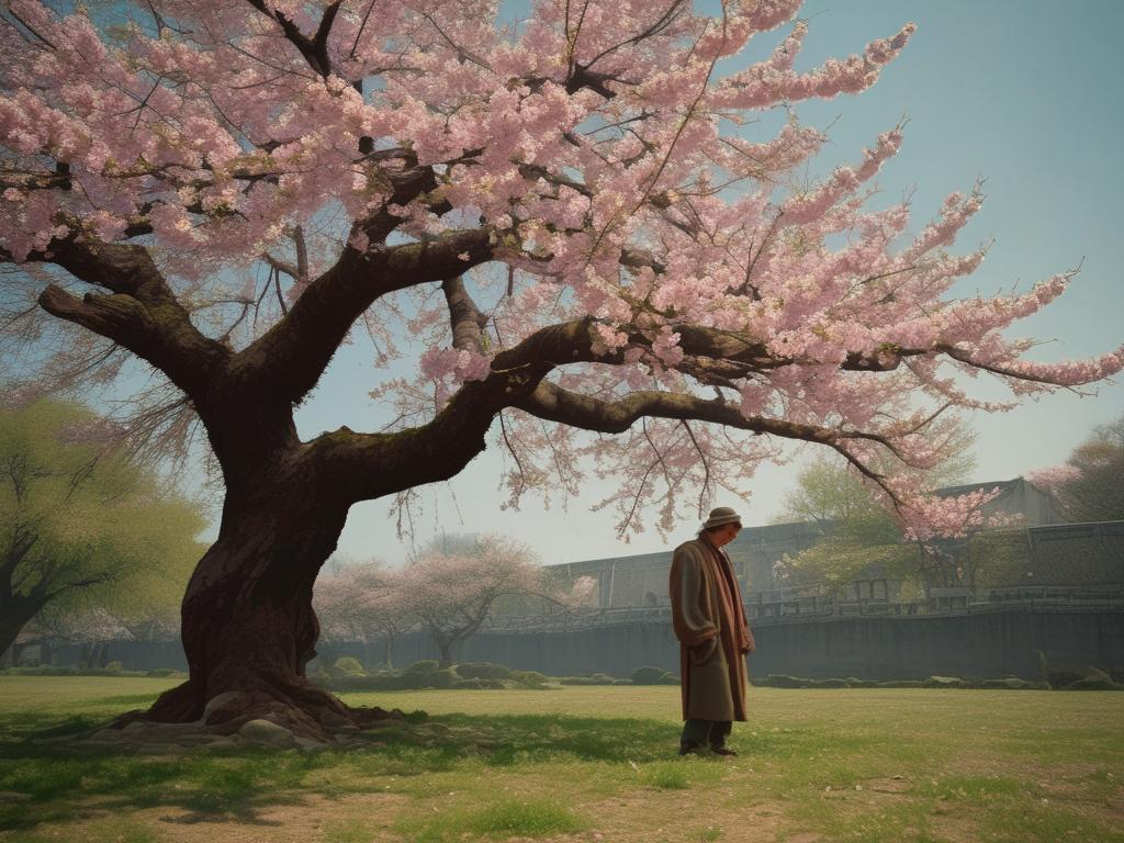 درخت گیلاس با شکوفه های که در باد حرکت می کنند. مردی کثیف کنار درخت ایستاده و گدایی می کند.5