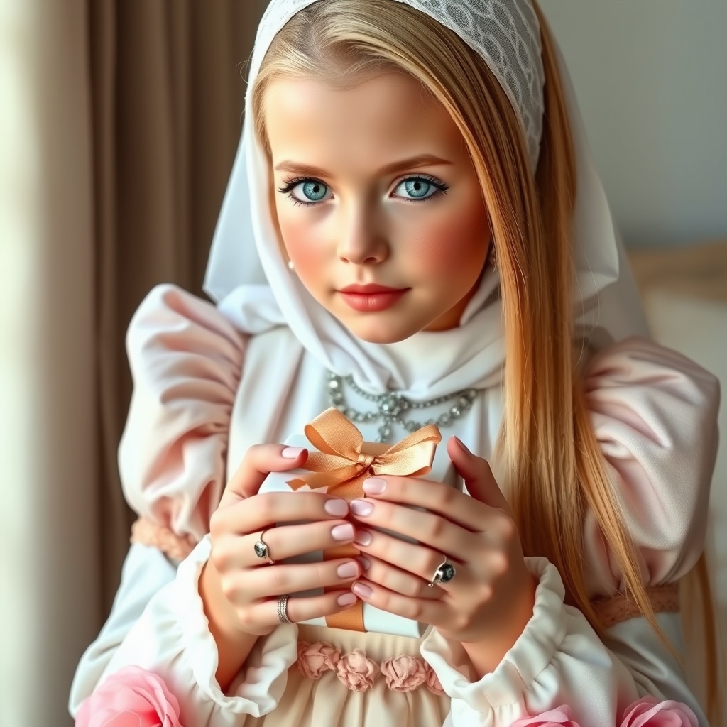 یک دختر نوجوان بسیار زیبا با پوست سفید و گونه های سرخ شده با بینی کشیده و لب های با رژ نچرال با چشمان آبی آسمونی که به مژه هایش ریمل زده و یک پیراهن که روی شانه هایش و پایین آستین هایش پشم پف پفی دارد و پایین دامن بزرگ و پف دارش با گل های صورتی تزیین شده و در لباسش رنگ سفید و اندکی صورتی و طلایی به کار رفته رنگ موهای دختر طلایی است و موهای صافی دارد و در دستش یک انگشتر درخشان و در گردنش یک گردنبند چشم نواز و در گوش هایش گوشواره ای زیبا انداخته است که یک جعبه کادو در دستانش است 18