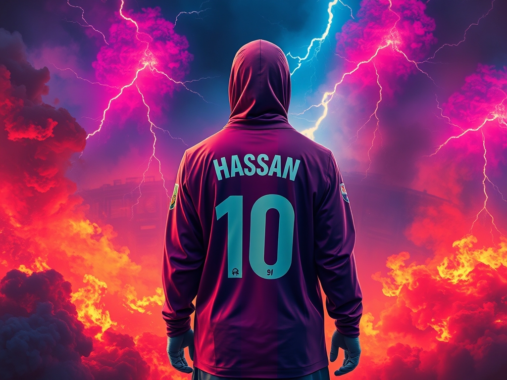 تصویری به صورت جادویی همراه آتش و دود و صاعقه خیلی شدید و مه غلیظ بساز که این تصویر یک نفر را از پشت نشان می‌دهد که لباس بارسلونا به تن دارند. با شماره ۱۰ و نام Hassan".10