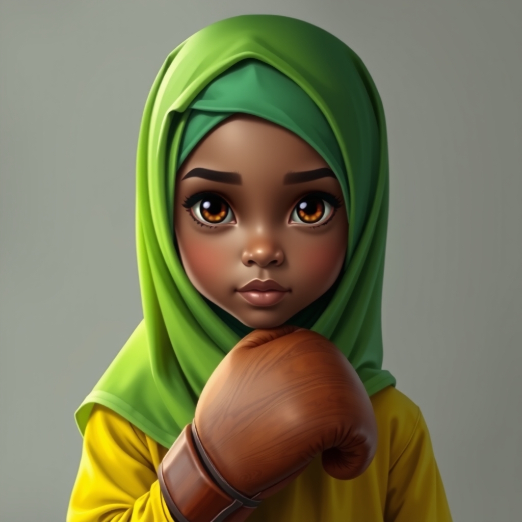 یک دختر ۱۴ ساله با چشمان درشت مشکی پوست معمولی با روسری سبز یشمی و لباس سبز نئونی و چادر و به دستش هم پنجه بکس باشه3