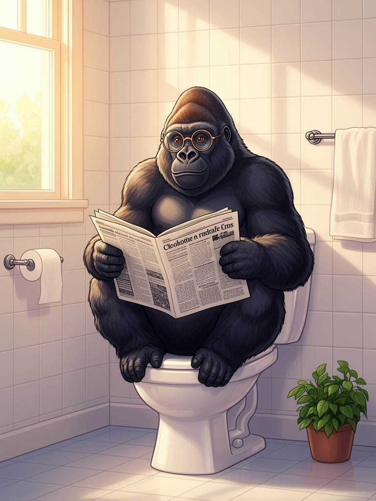 یک گوریل که روی توالت فرنگی نشسته عینک مطالعه زده و داره روزنامه میخونه 0