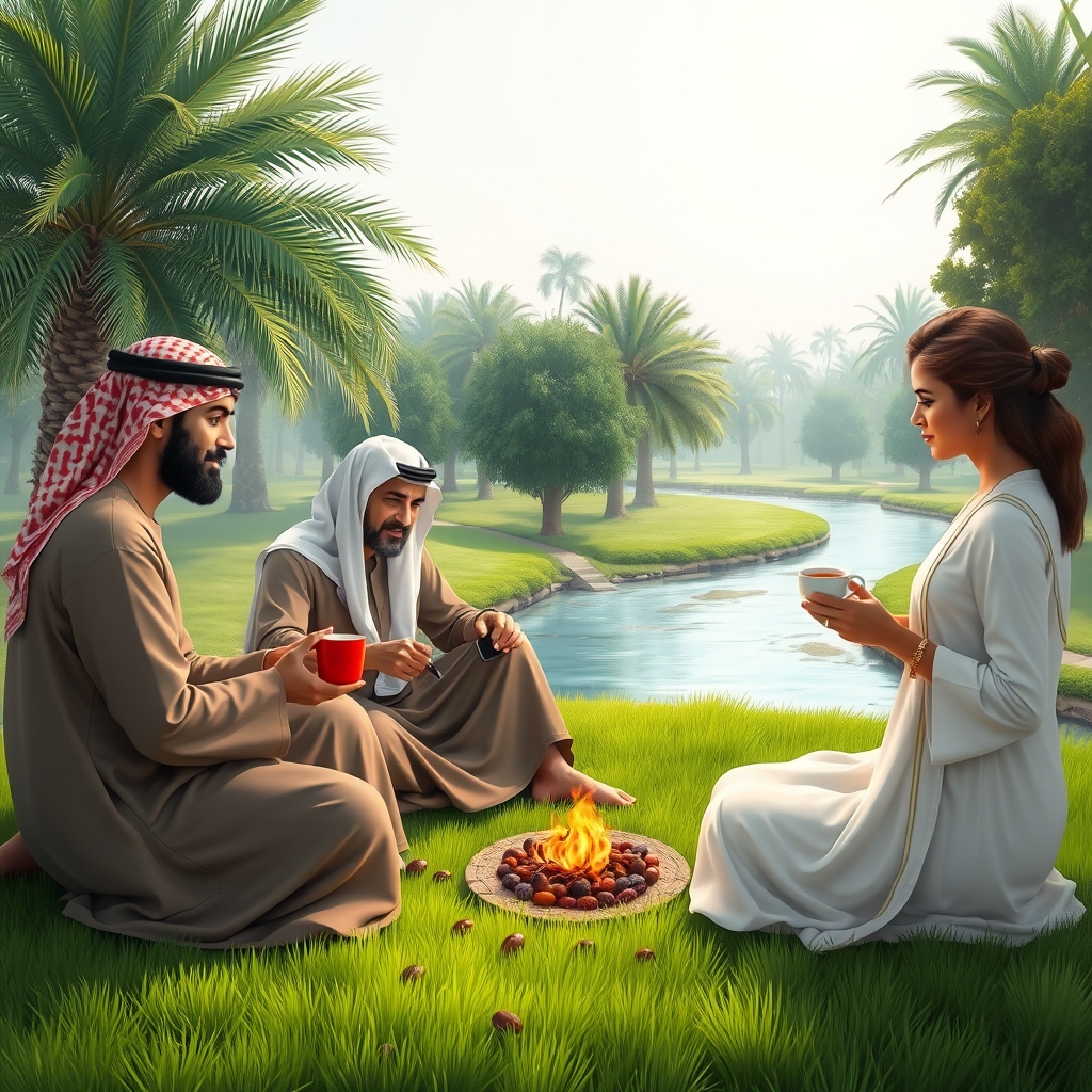 دو نفر عربستانی با دشداشه عربی و چفیه قرمز نشستن و اتش جلوشون روشن و درحال درست کردن قهوه ویکی درحال چای خوردن فنجان در،راست گرفته در چمن زار سرسبز ک درختان نخل و خرما کنار درختان رودخانه بزرگ پراز اب صاف و اسمون ابی روشن صاف پراز ابرهای سفید5
