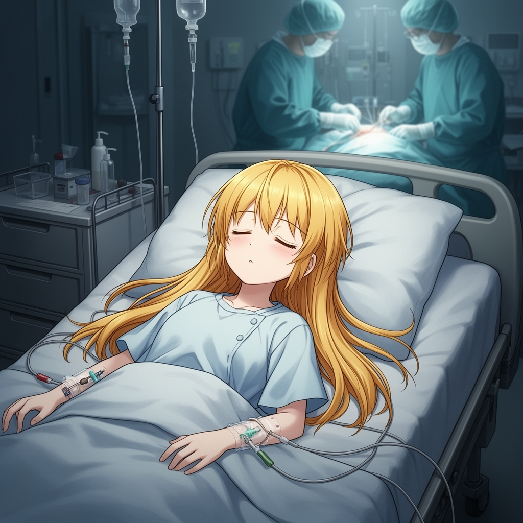 دختر ۱۲ ساله با موهای طلایی زیبا و زیباترین دختر دنیا است که در  است که در تخت بیمارستان تخت بیمارستان خوابیده است و چشم‌هایش بسته است و دست‌هایش را سرم زدند  دارند آن را عمل جراحی می‌کنند و دیگر می‌گویند امیدی نیست و اون مرده است و دارند و صحنه ی غمگینی است4