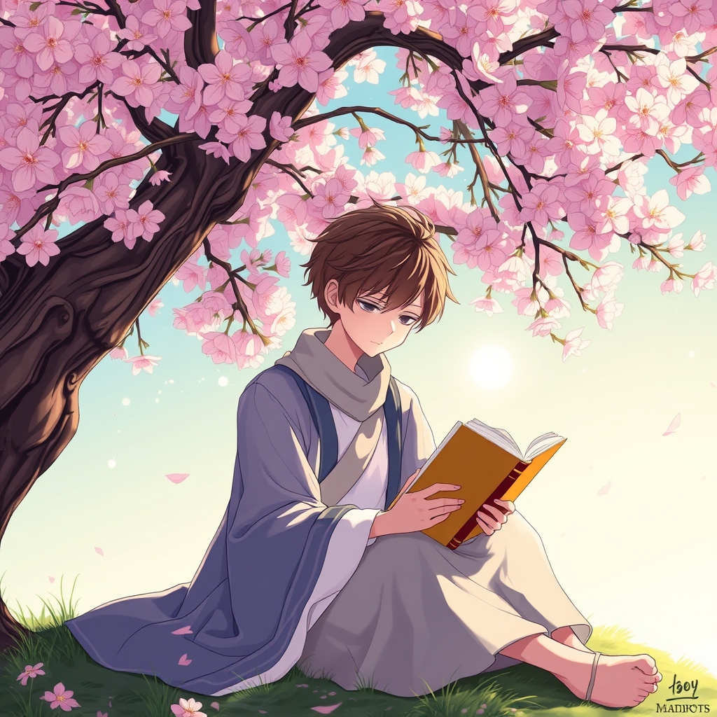 یک شاعر نشسته زیر درختی پرشکوفه، در حال نوشتن در دفترچه‌ای طلایی.18