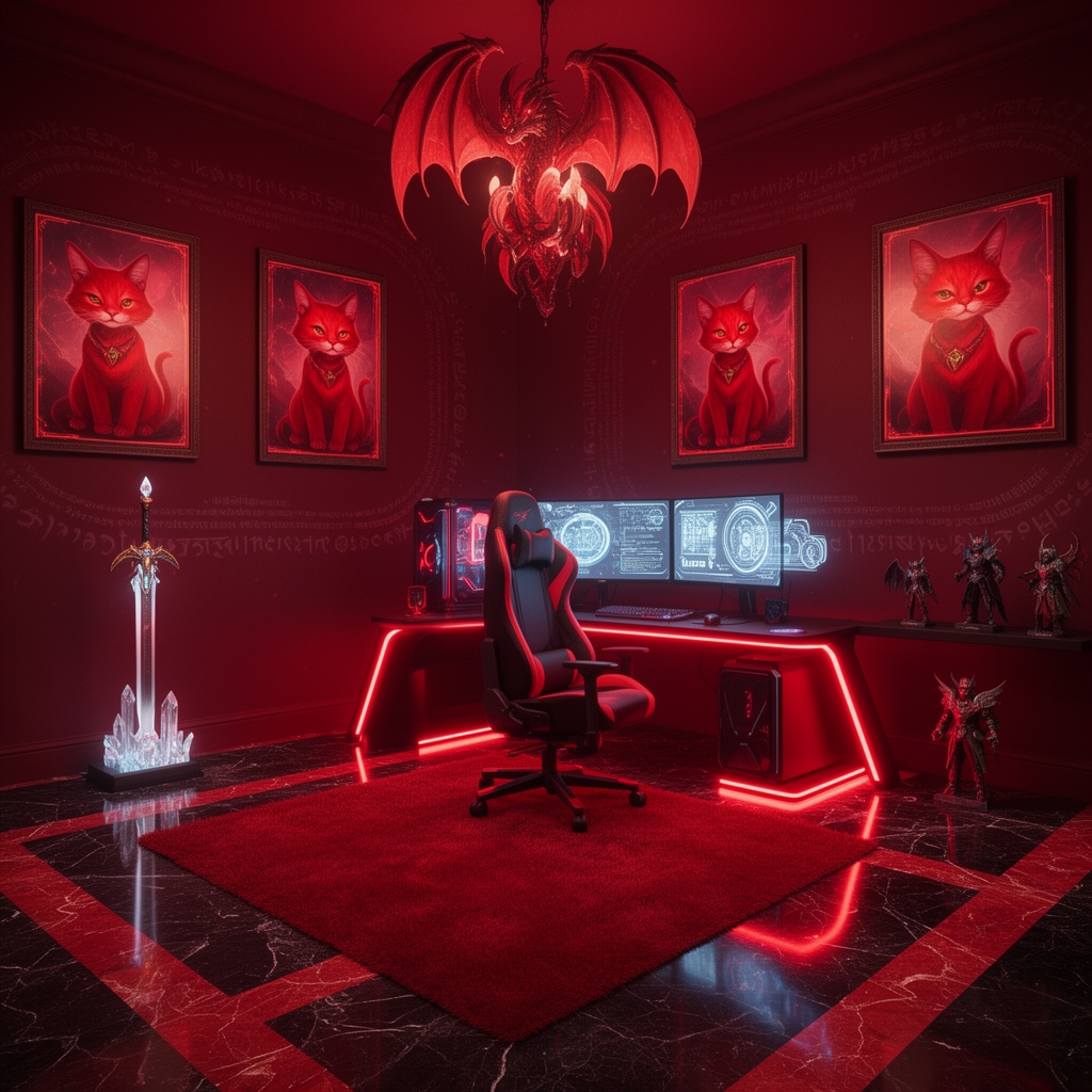عکس یک اتاق گیم خیلی زیبا برای یک دختر ۱۸ ساله با تم قرمز که تابلو هاش عکس یک گربه ی قرمز داره2