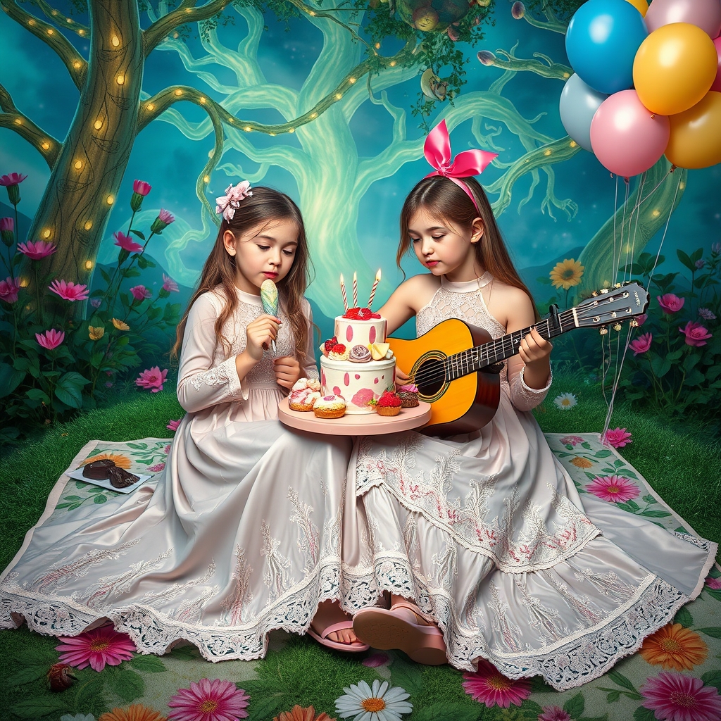 دو دختر زیبا که در یک جای زیبا نشستن با زیر انداز گل گلی و دارن 🍨🍧🍩🍬🍫🧁 می خورن و تولد یک از آنها است و اون یکی بهش 🎂🎁🎁🎀🎀🎈🎈🎈میده و براش داره اهنگ با گیتار میزنه 7
