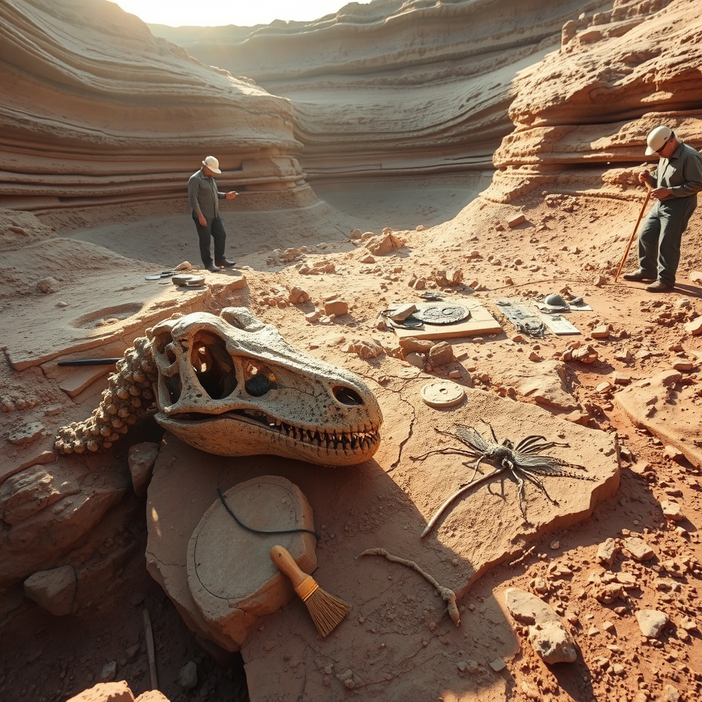 یک محل حفاری که ازش فسیل جمجمه ولوسیرپتور و سمغ یک گیاه که داخلش یه پشه بزرگ هست پیدا کردن8