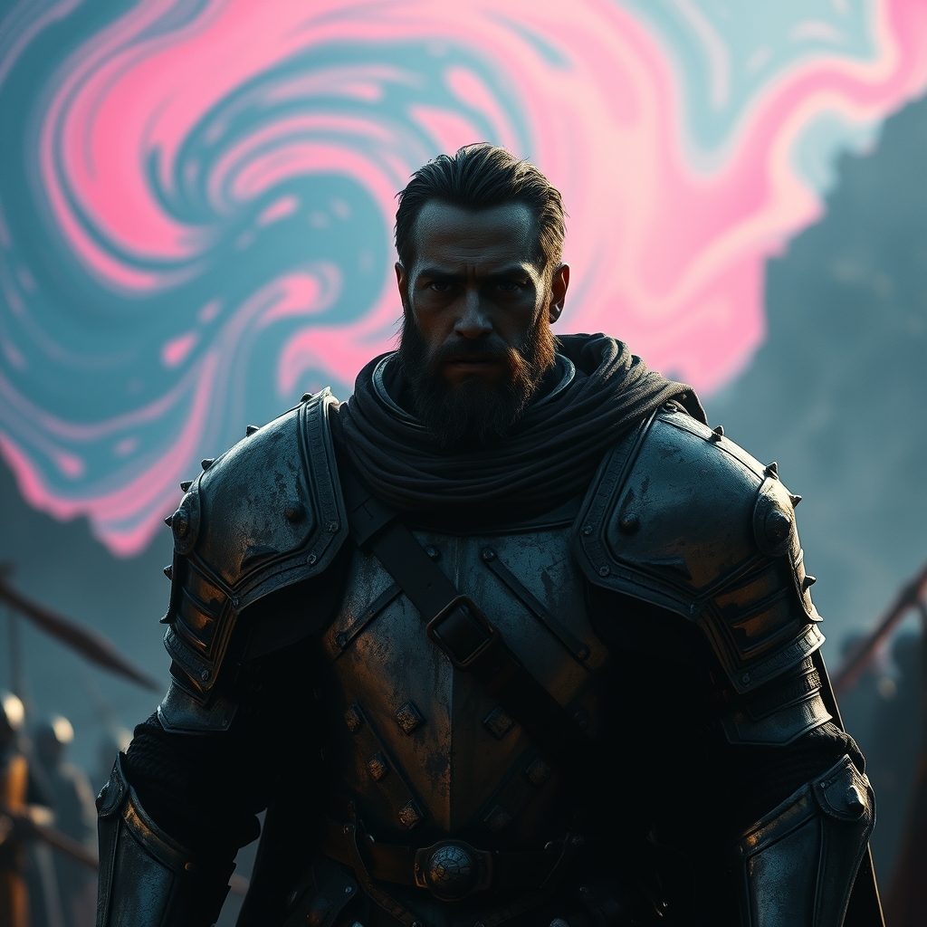 شوالیه ای که از جنگ برگشته از تم های رنگ های آبی صورتی سیاه زرد 5