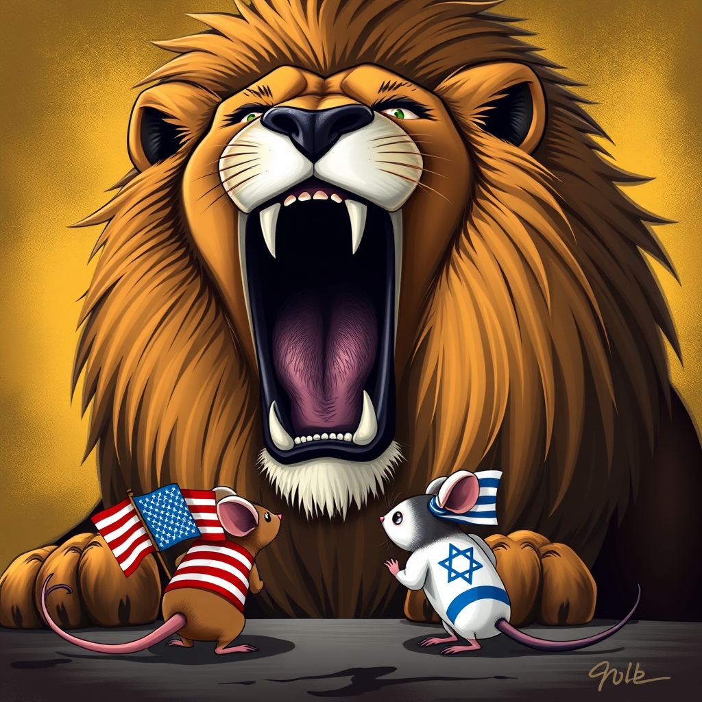 عکس شیر بزرگی که عکس پرچم ایران روی آن است و عکس دو موش که عکس پرچمهای کشورهای آمریکا و اسرائیل روی آنها است
و شیر بر روی آنها غرش میکند و آنها ترسیده اند 3
