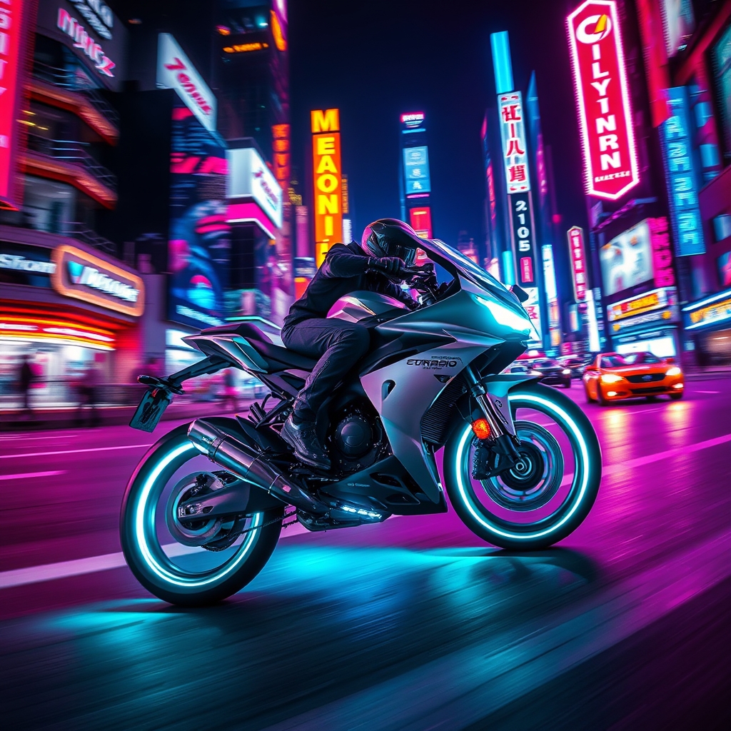 یک موتورسیکلت آینده‌نگر با چرخ‌های هولوگرافیک، در حال حرکت با سرعت در شهری با نورهای نئون.3