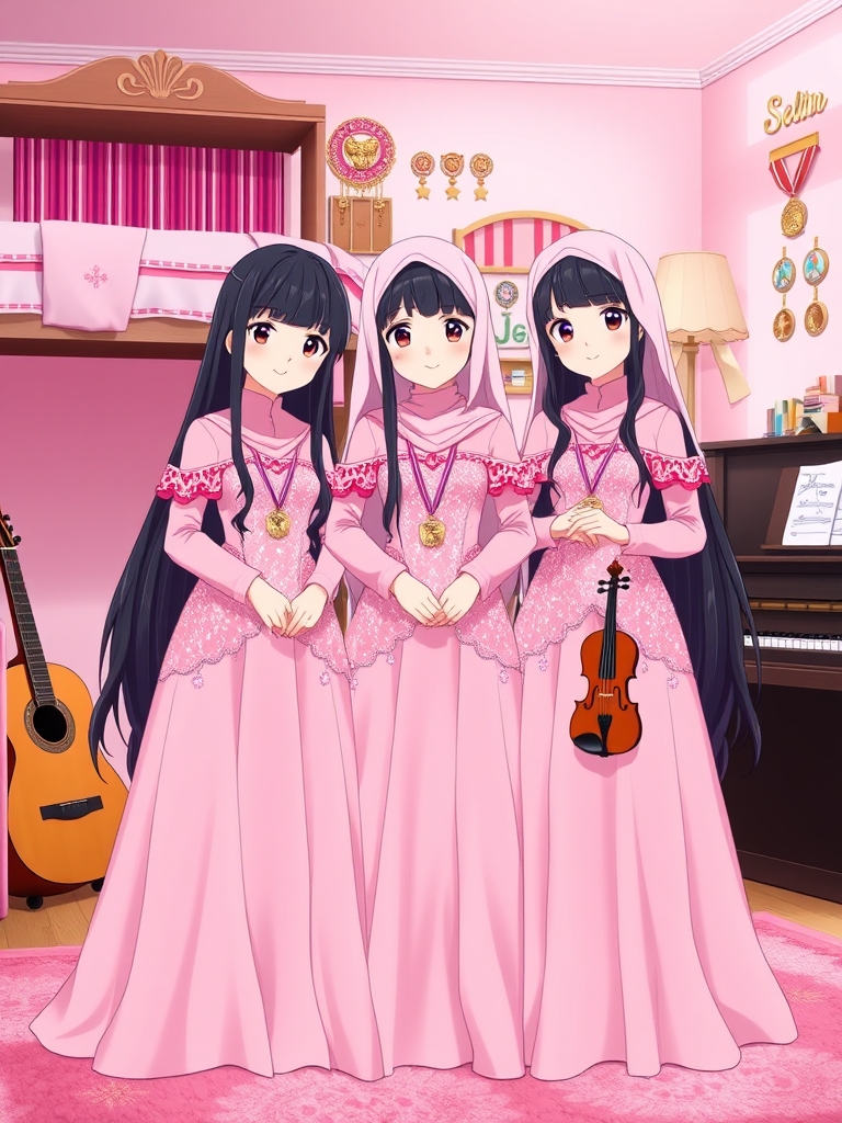 اتاق ستین و سوین و سلین که سه خواهر سه قلو هستند که لباس هر سه تاشون صورتی و اکلیلی و دامن دار مانند پرنسس ها است و مو های خیلی بلند و مشکی دارند و لبخندی ملایم و لب های سرخ دارند و توی اتاق ایستاده اند و توی اتاق تخت سه طبقه است و اتاق و تخت آنها صورتی است و گیتار و ویولن و پیانو در اتاق است و تعداد زیادی از مدال هایشان را به دیوار آویزان کردند3