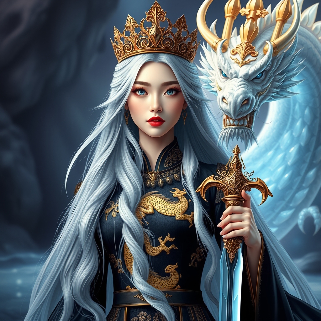 زیباترین زن جوان کره ای در جهان حتی در رویایی که شکوه خدا را داشته باشد که از شدت زیبایی همه بهش سجده کنند و نظیر آن در دنیا نباشد که با موهای بلند نقره رنگ که تاجی از طلا بر سر داشته باشد که با چشمانی آبی رنگ که در مردمکش دریا باشد و با لباس سلطنتی شاهزاده خانمی مشکی بر تن داشته باشد که اژدهای طلایی رنگی بر روی آن حکاکی شده باشدو و با لبانی سرخ باشد که شمشیر باشکوه در دستانش باشد و در جایی که رویا باشد ببینم رویایی چیکار می‌کنه تاکید کردم نظیر آن در دنیا نباشد  اژدهای کریستالی بزرگ در کنار او13